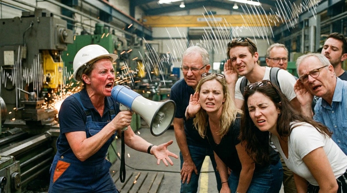 Factory tour guide struggling to be heard over machinery noise without amplification Factory tour guide struggling to be heard over machinery noise without amplification