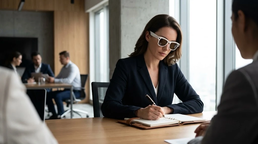 Business professional wearing smart AI glasses with camera to capture meeting notes hands-free Business professional wearing smart AI glasses with camera to capture meeting notes hands-free