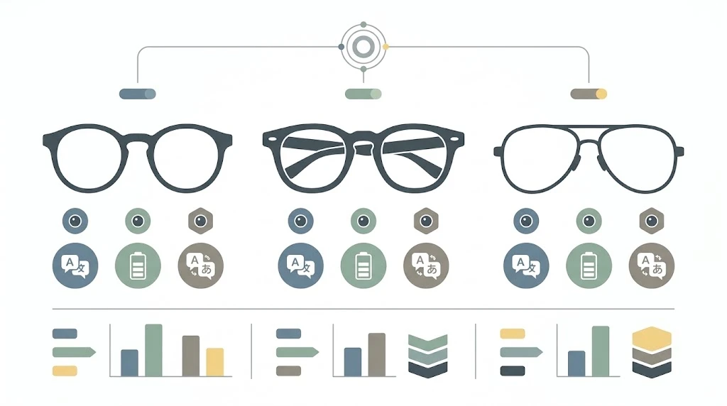 Comparison chart of YingMi Q01 M02 and H06 AI glasses by camera battery life and translation features Comparison chart of YingMi Q01 M02 and H06 AI glasses by camera battery life and translation features